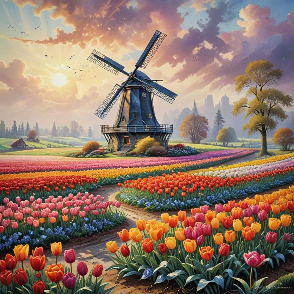 Vast Tulip Field with Windmill in Watercolour