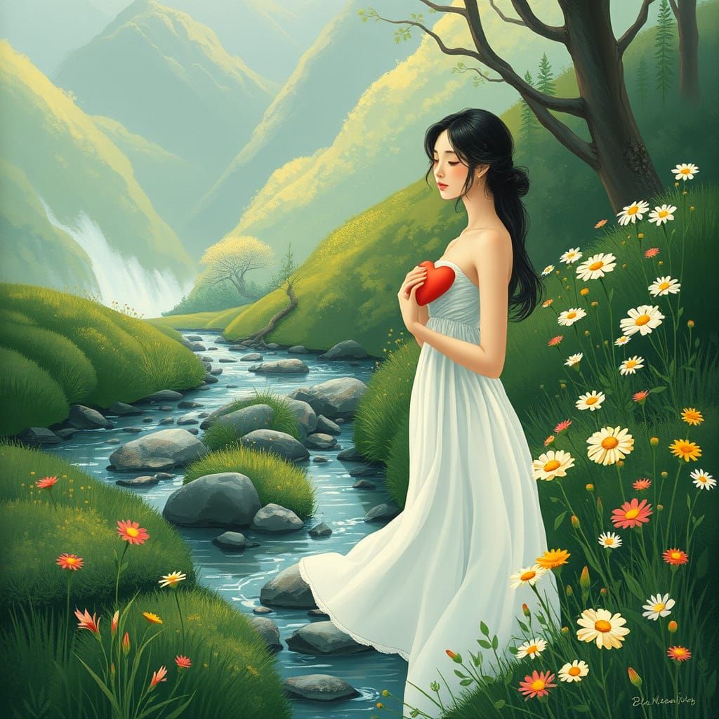 Serene Woman in Nature's Embrace: Whimsical Art