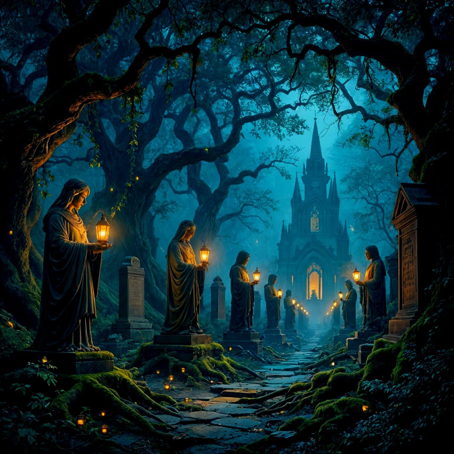 Twilight Forest with Glowing Lanterns and Statues