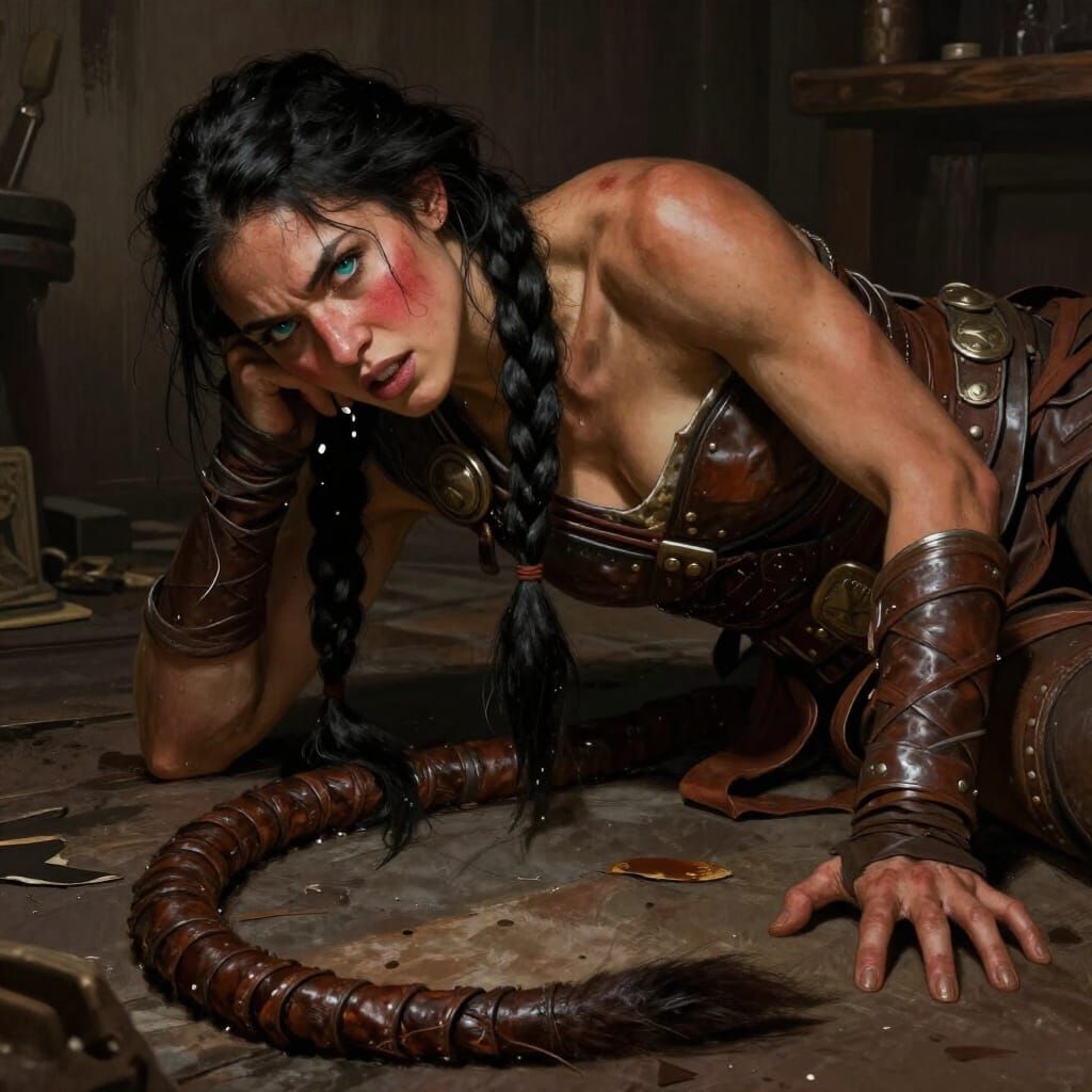 Amazon Warrior Woman in Leather Armor Drunk in Tavern