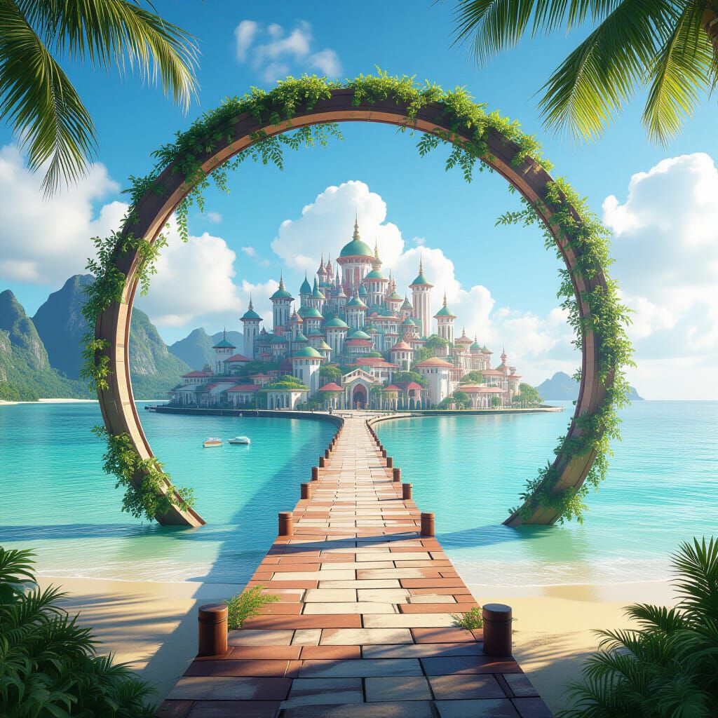 Dreamlike City Portal on Tropical Beach