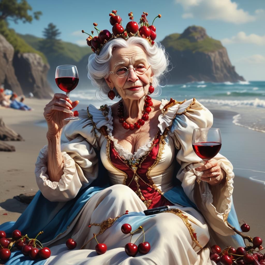 Cherry Queen on the Beach: A Whimsical Oil Painting