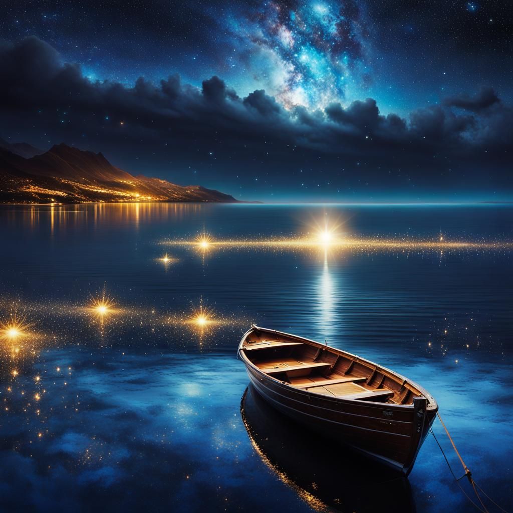 Gorgeous breathtaking Stary nightsky reflecting in a calm ocean. Little boat in the horizon.  beautiful detailed nightsk...