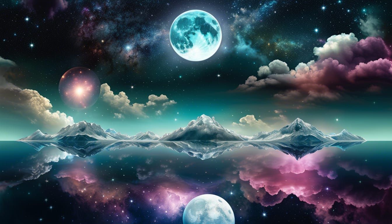 Surreal Pearlescent Landscape with Cosmic Elements