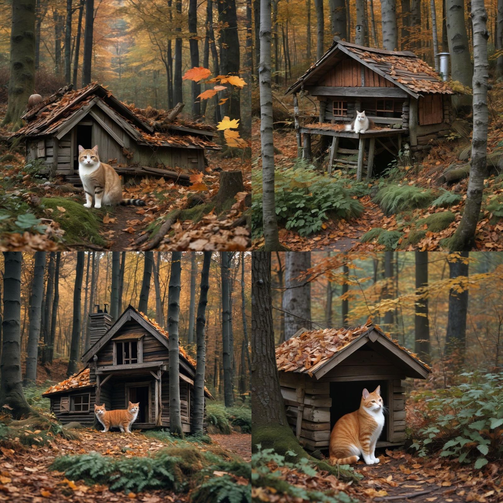 Cats in an Autumn Forest with Cabin
