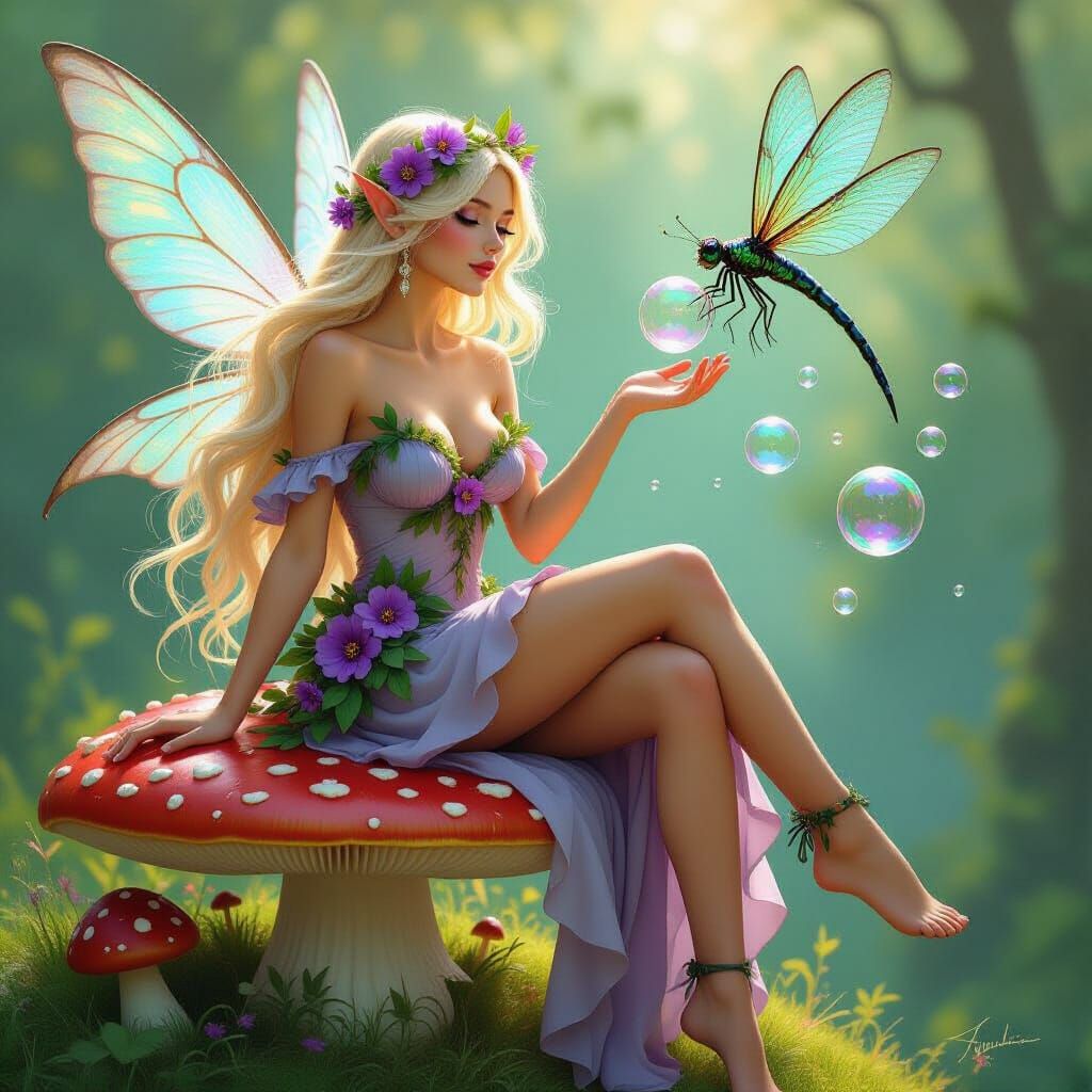 Fairy on Mushroom with Dragonfly, Fantasy Art