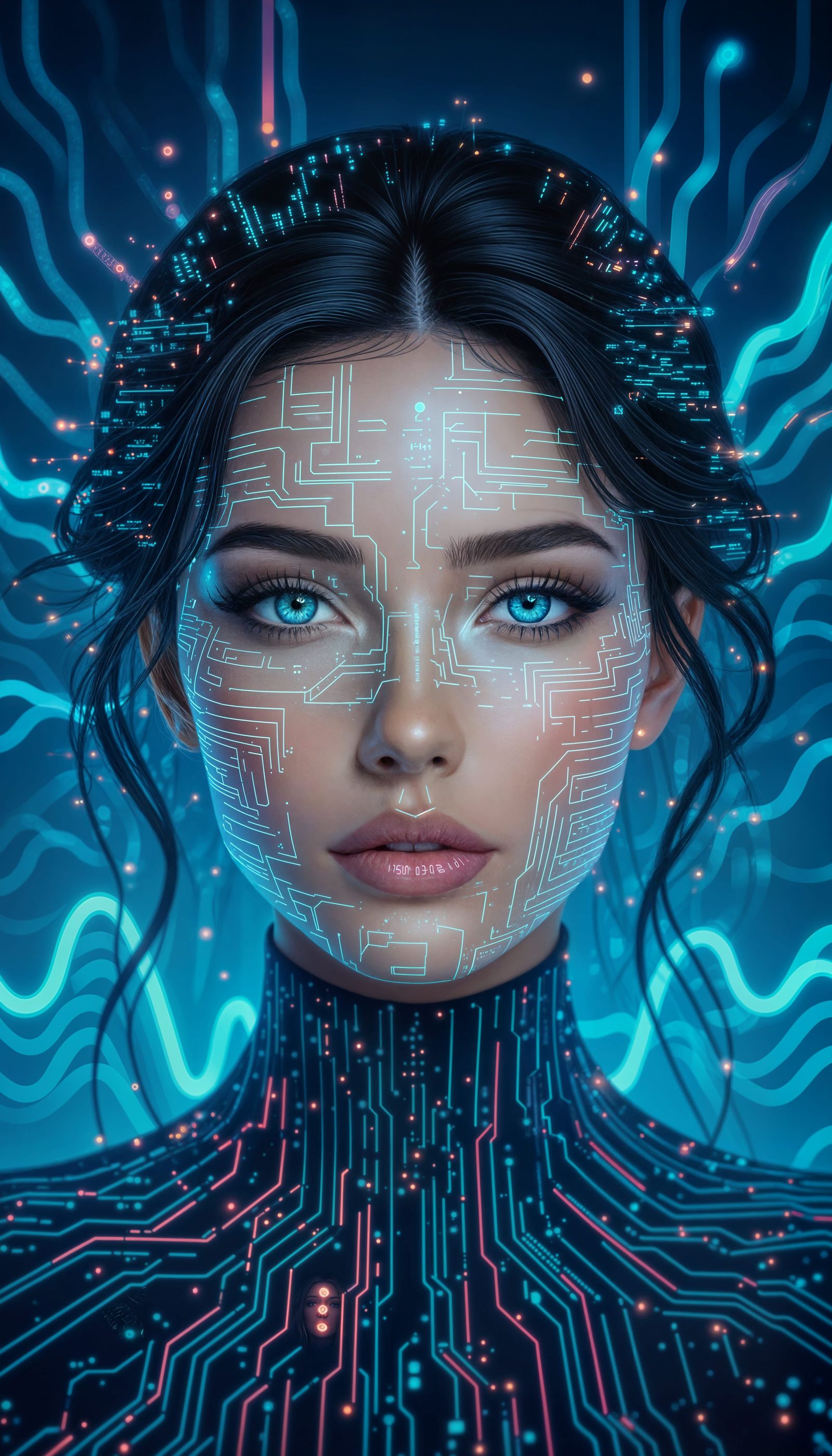 Futuristic Woman Portrait with Circuitry Hair and Digital Ey...