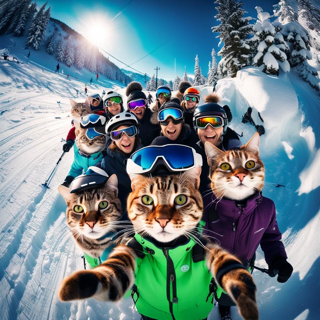 Happy Cats Ski Resort Selfie in Photorealistic Style