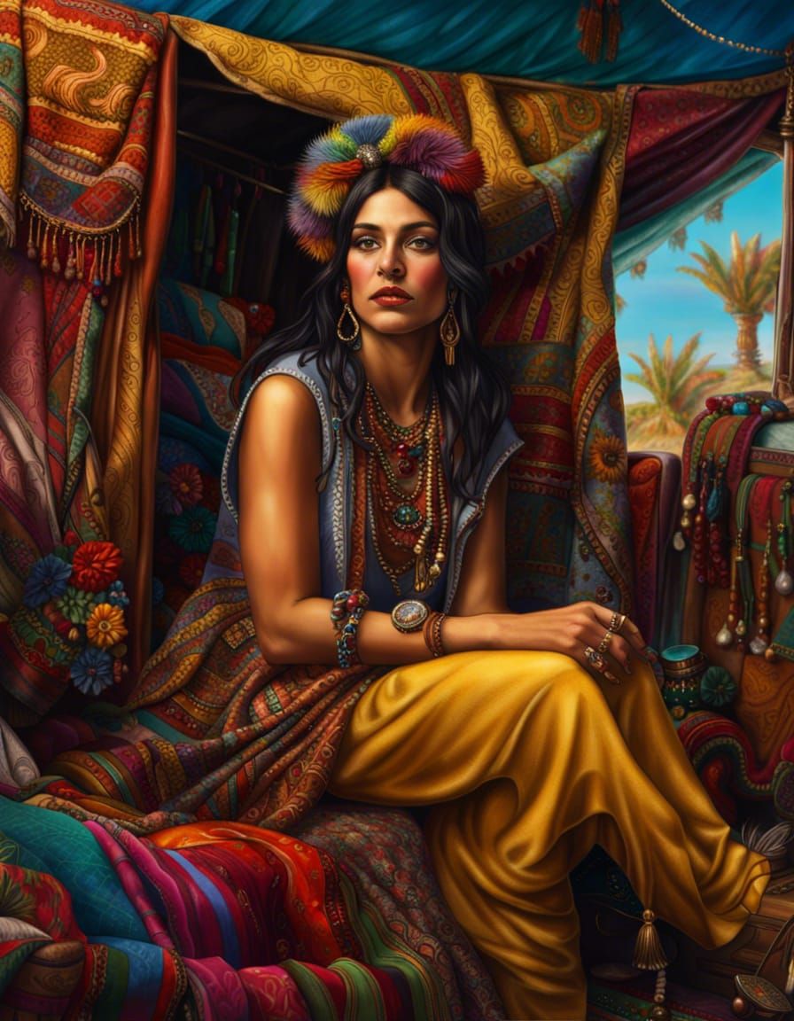 Hyperrealistic Bohemian Caravan with Woman in Oil Paint