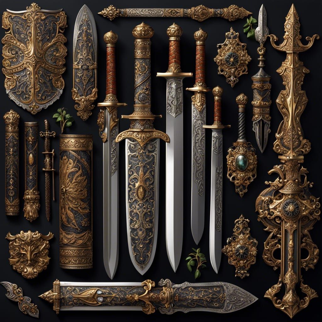 Fantasy Swords and Knives Knolling Arrangement