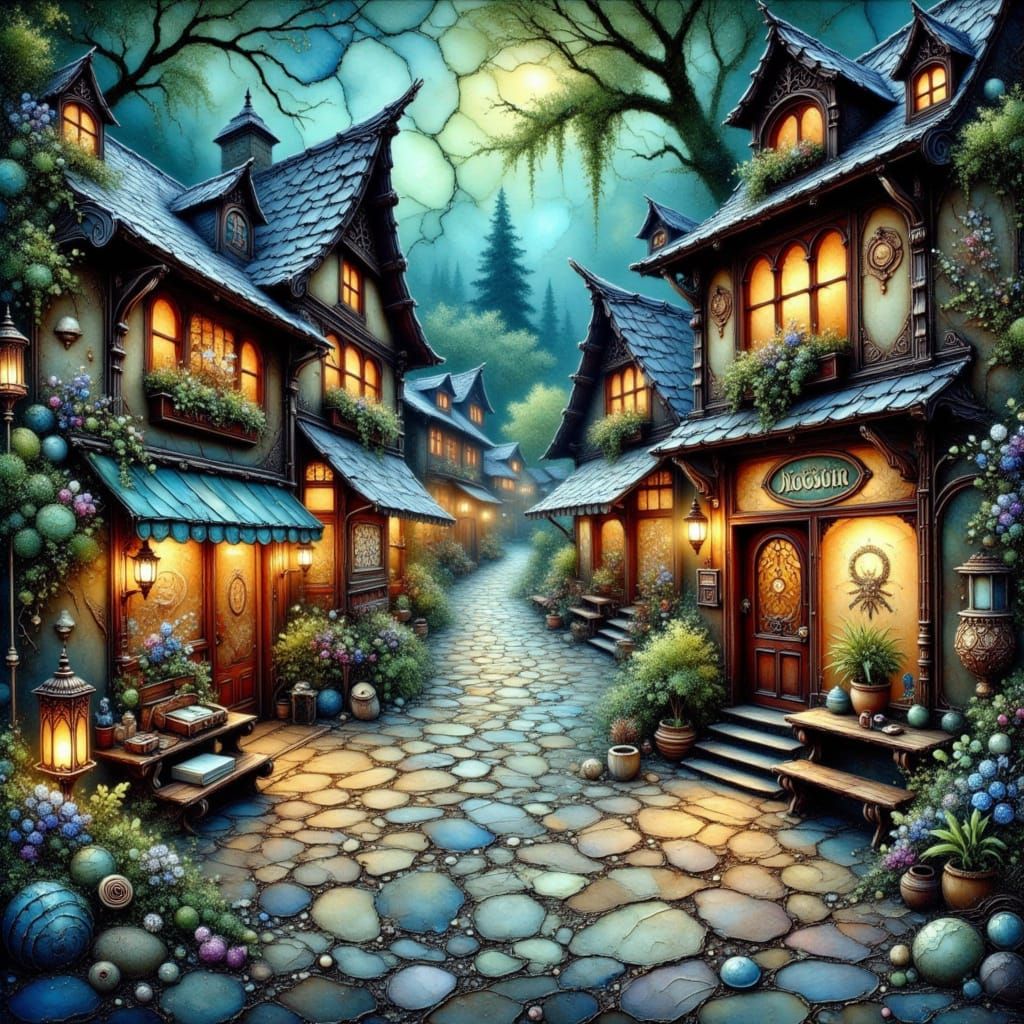 Dreamlike Village in a Misty Forest, Liquid Ink Watercolor