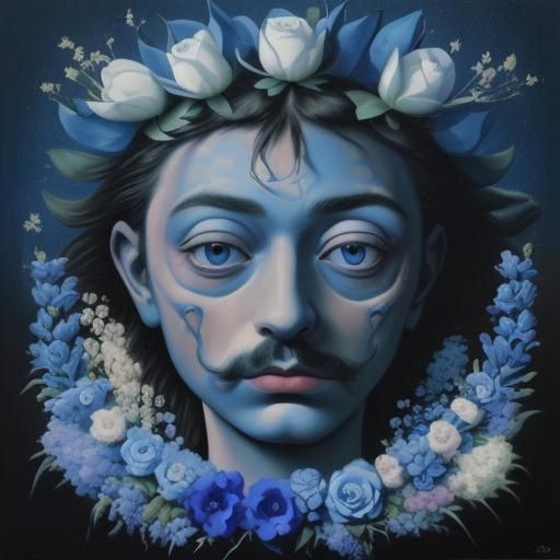 Surreal Girl Portrait with Blue Flowers, Dali Style