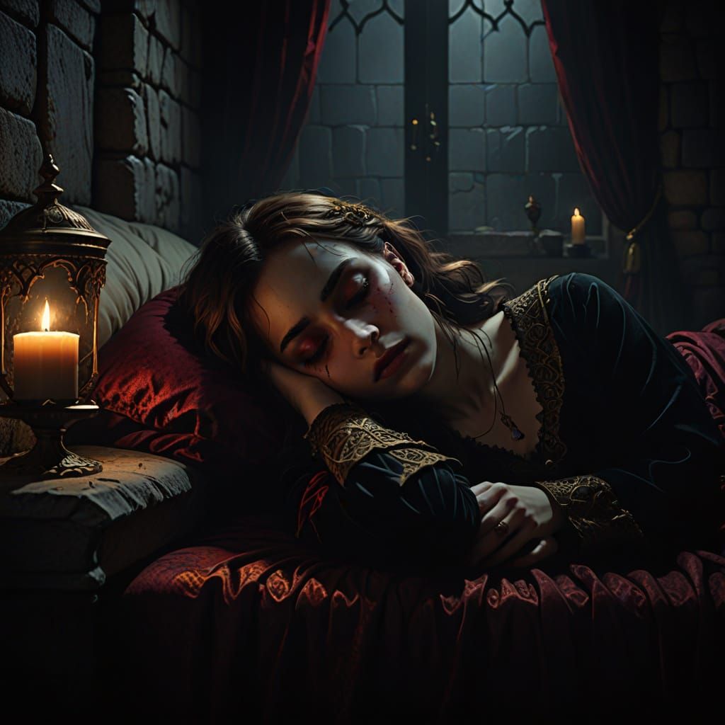 Gothic Bedroom: Girl Asleep in Dark Academia Style