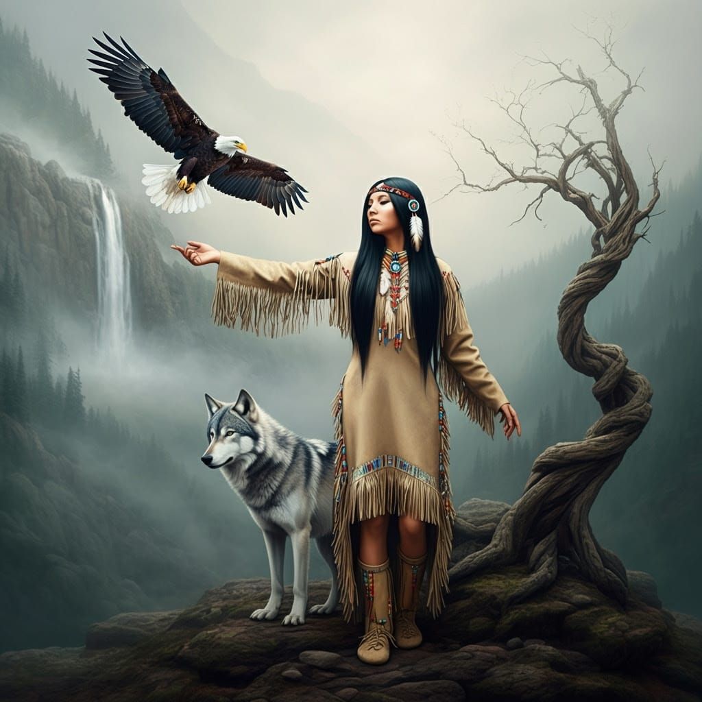 Native American Woman in Harmony with Nature