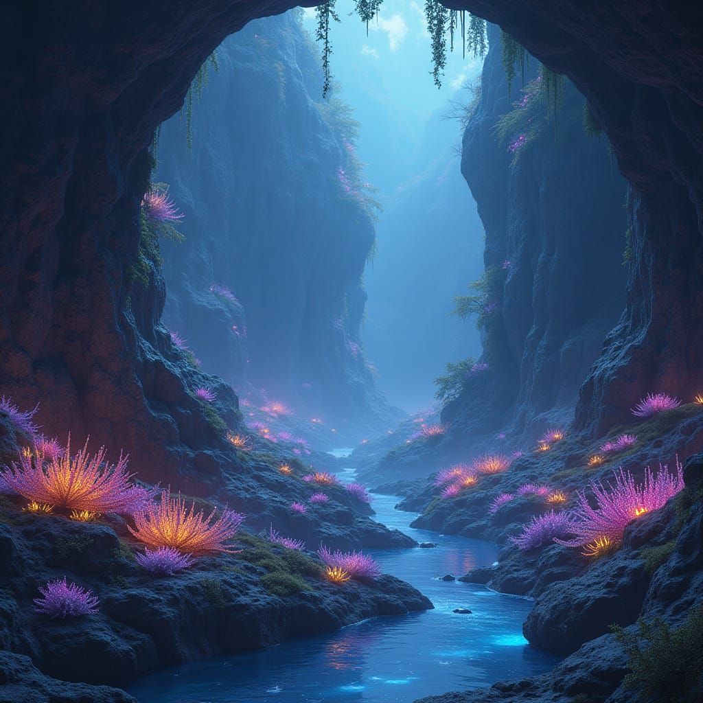 Enchanted Abyss: Bioluminescent Flora in Matte Painting Styl...