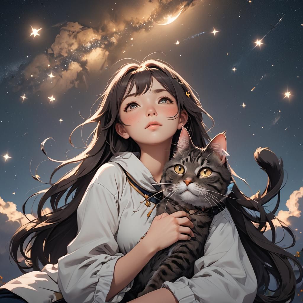 Girl and Cat Stargazing in Anime Style
