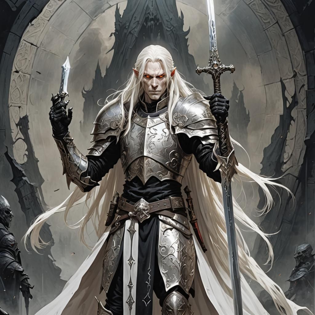 Albino Warrior with Magical Sword in Black Armor