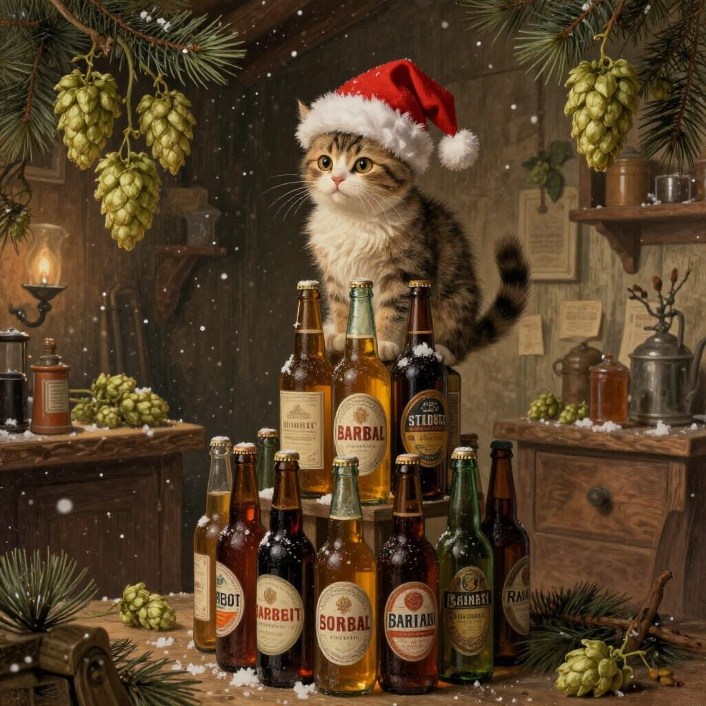 Whimsical Cat in Santa Hat on Beer Bottles