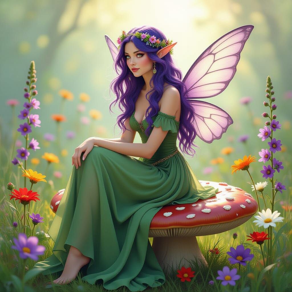 Purple-Haired Fairy on Toadstool, Ethereal Fantasy Art