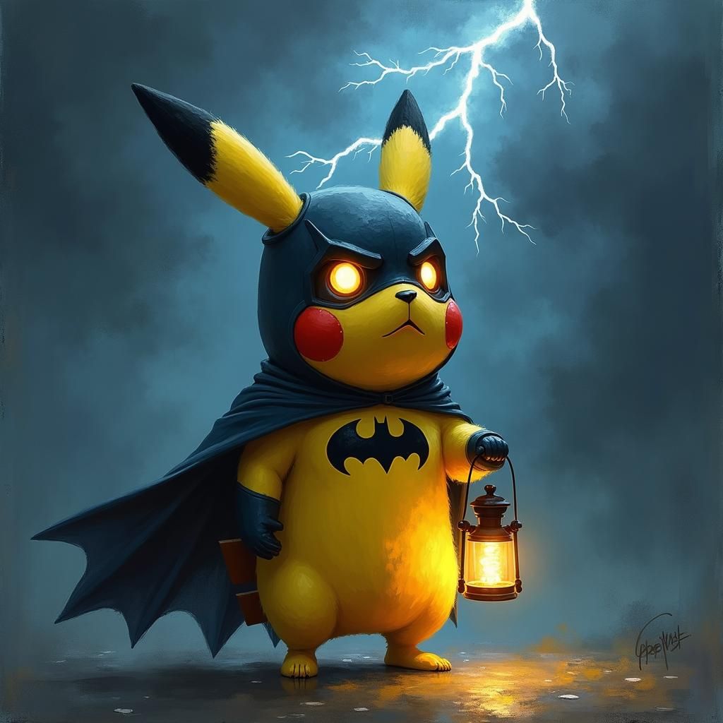 Pikachu as Batman Oil Painting