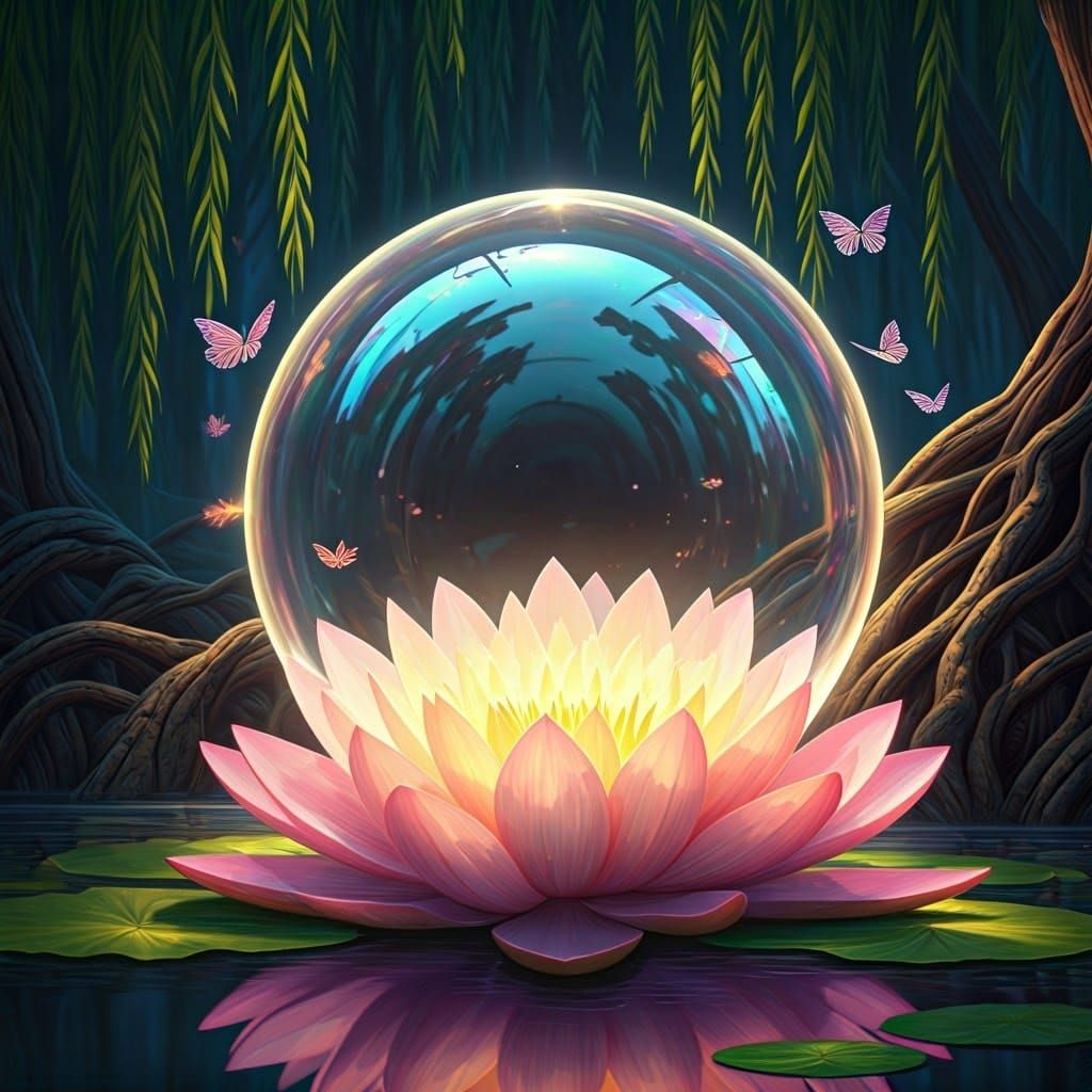 Iridescent Bubble Surrounded by Crystal Butterflies