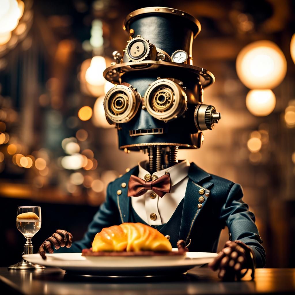 Steampunk Robot Butler Serving Food