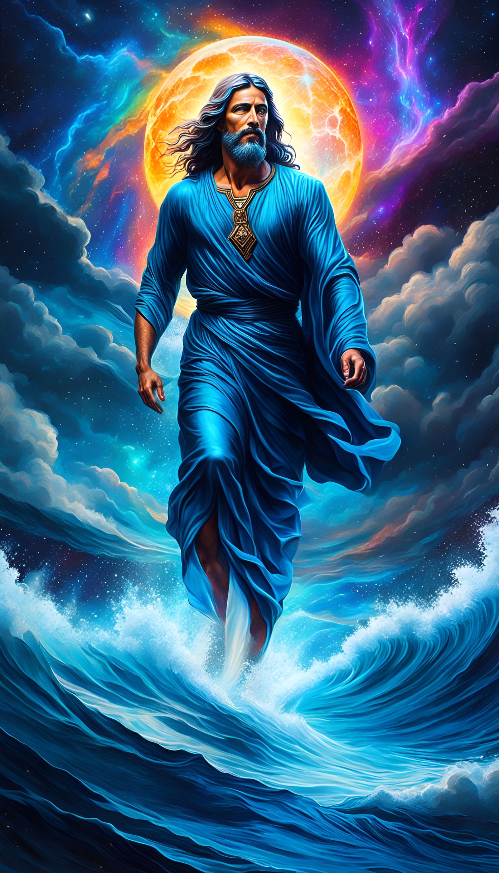 Jesus Walks on Water: Cosmic Astral Illustration