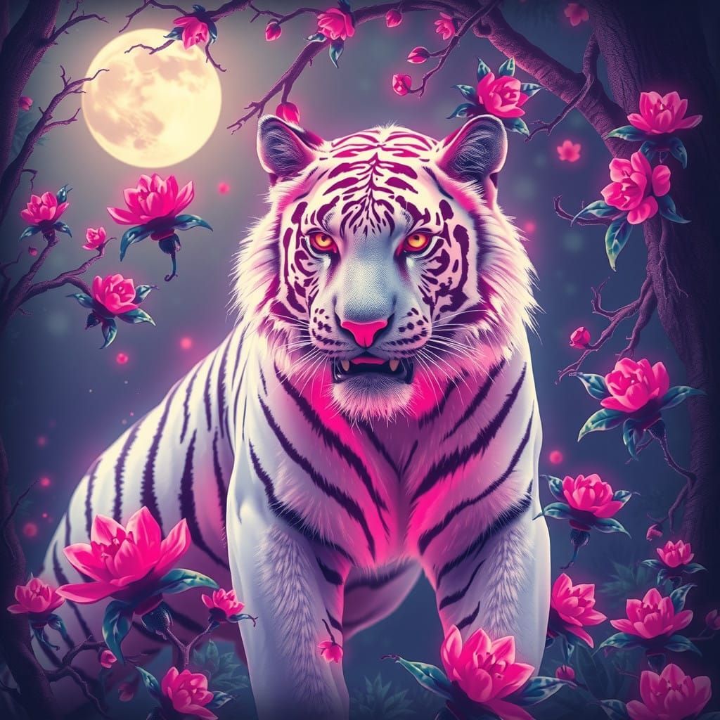 Majestic Whitetiger in a Dreamy, Neon-Lit Forest