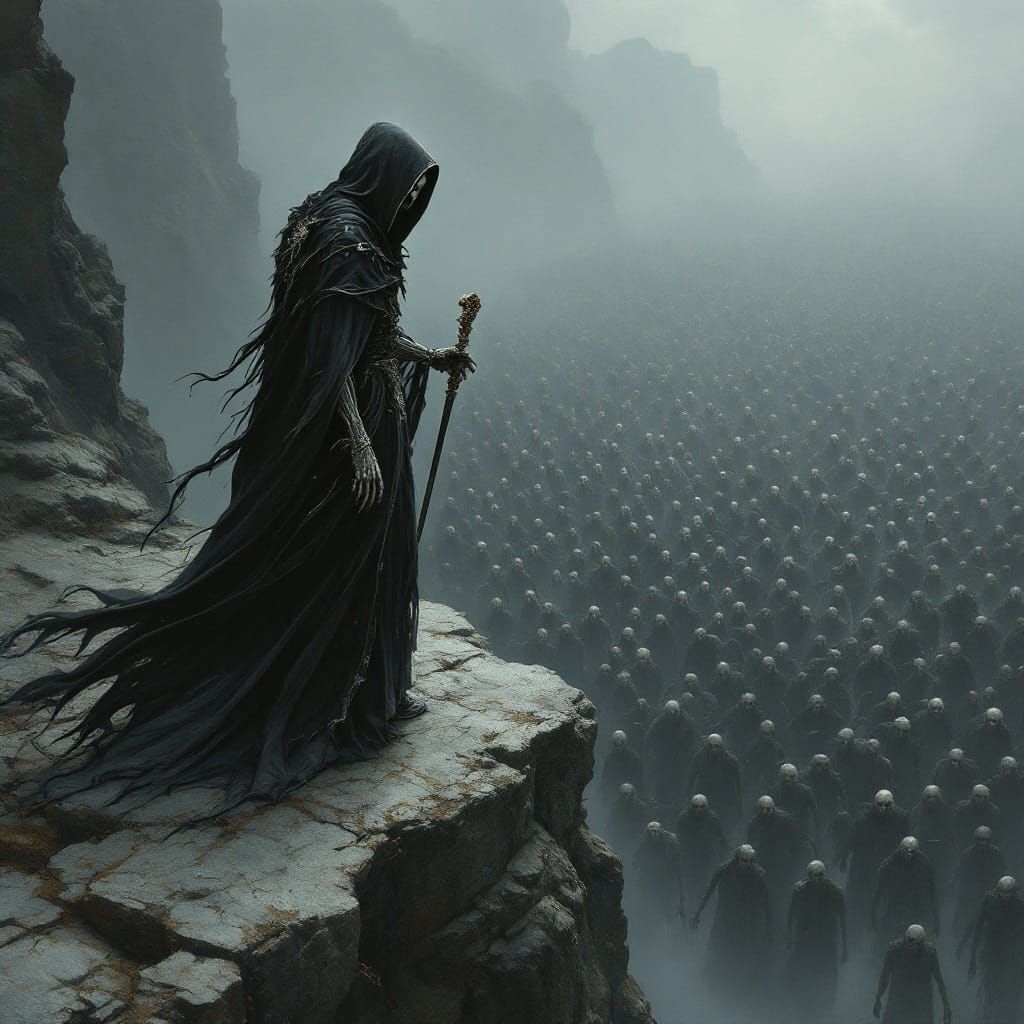 Elegant Grim Reaper Overlooks Zombie Horde