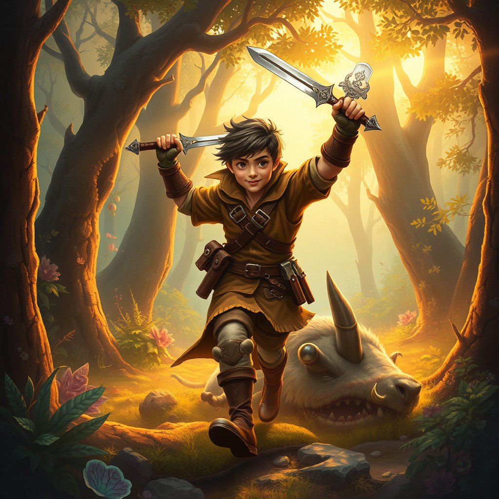 Victorious Adventurer in Whimsical Forest, Moebius Style