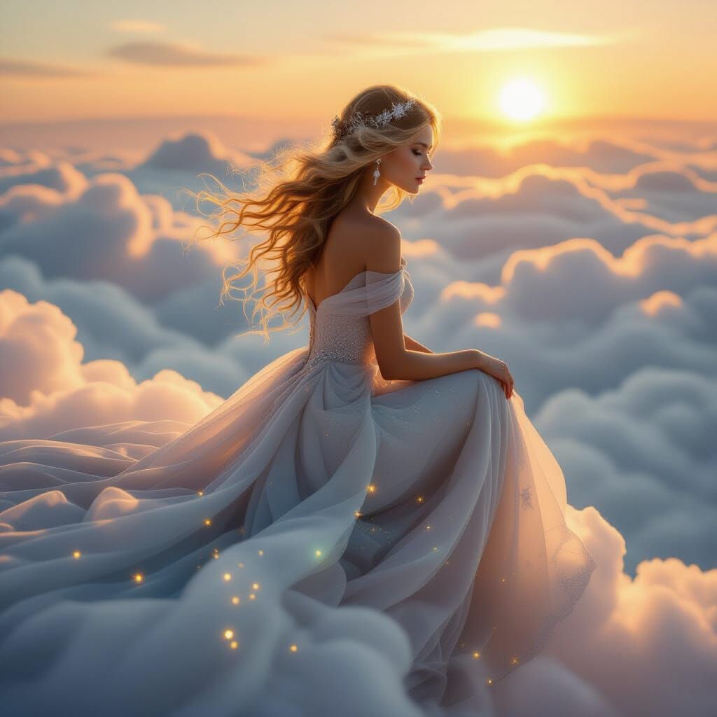 Ethereal Starlight Woman on Dream Cloudscape