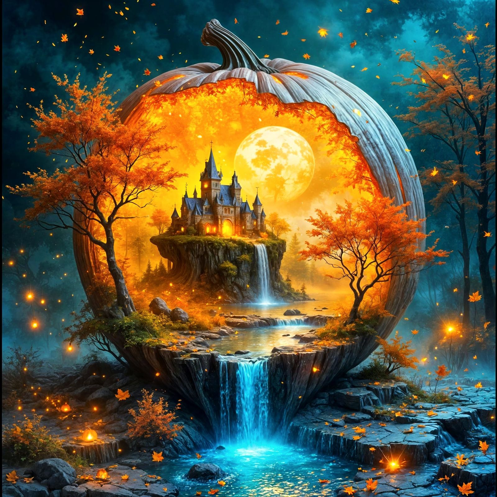Magical Autumn Pumpkin Crystal Sphere with Enchanted Palace