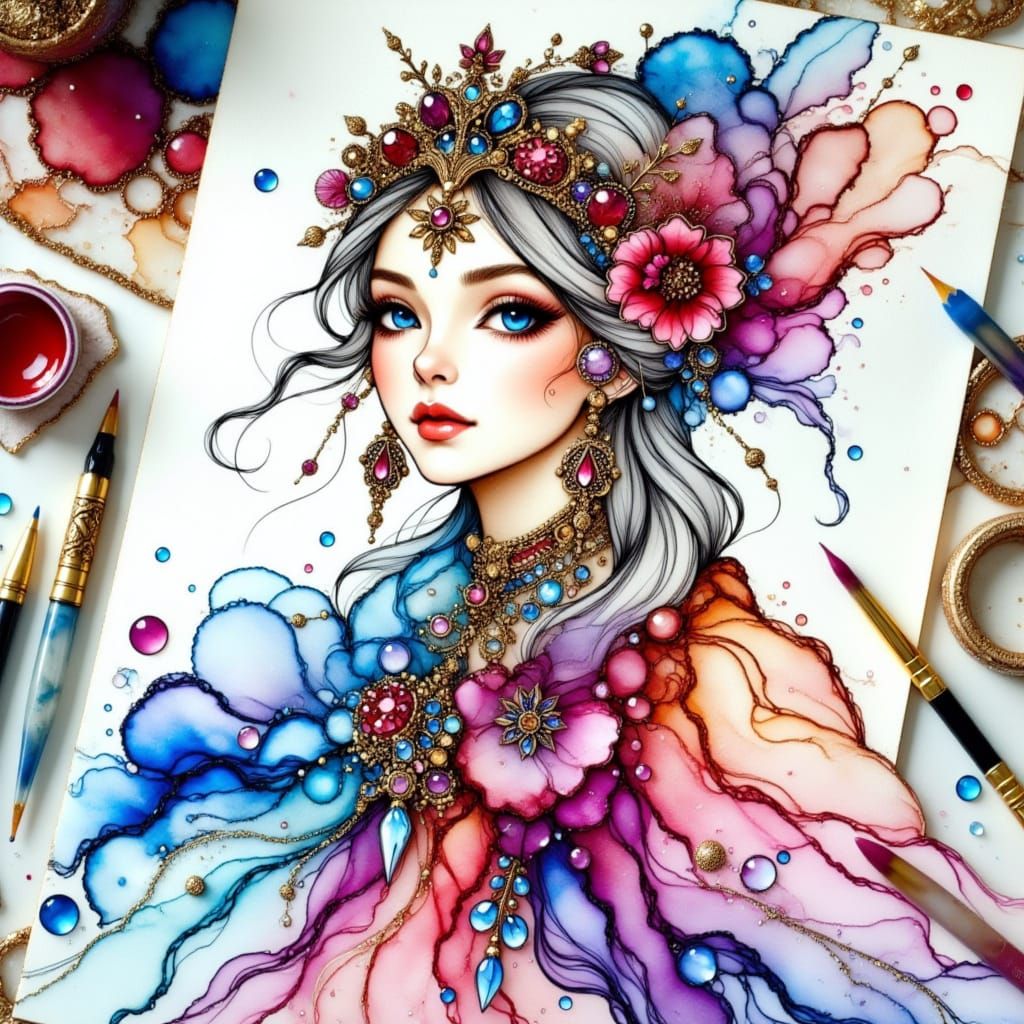 Ethereal Woman in Vibrant Watercolor Attire