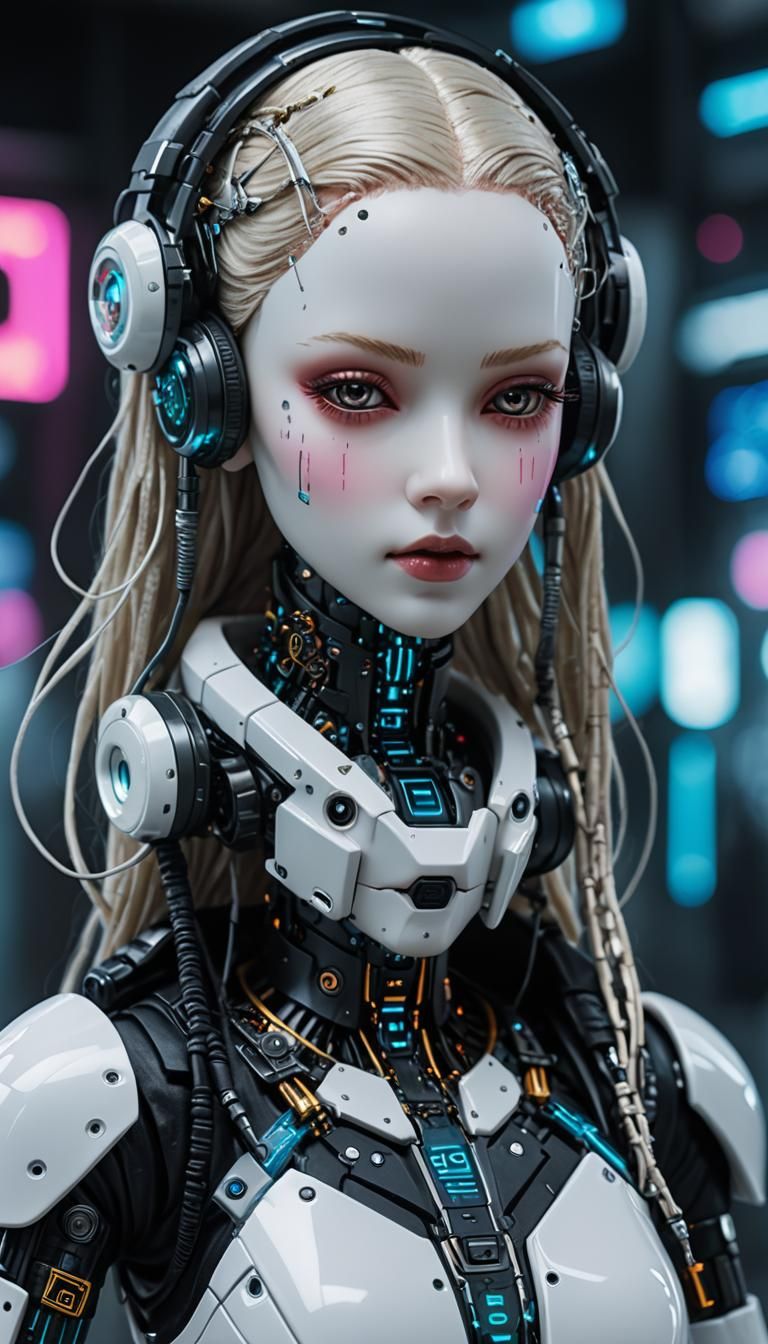 Cyberpunk Porcelain Doll with Tech Details