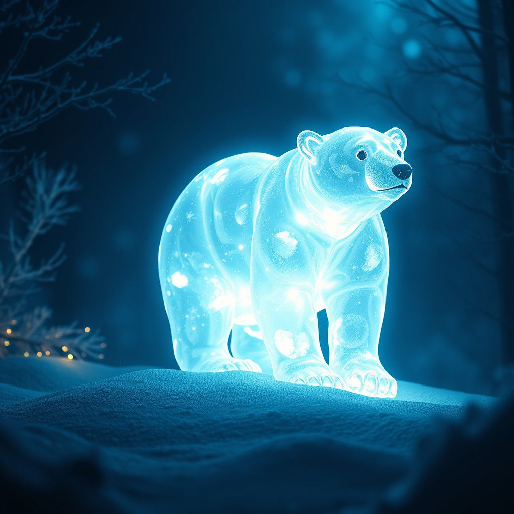 Luminescent Ice Bear Hologram in Winter Forest