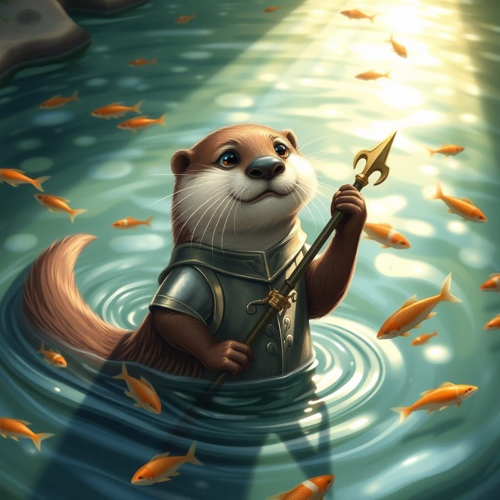 Otter in Armor Balances Trident: Children's Book Illustratio...