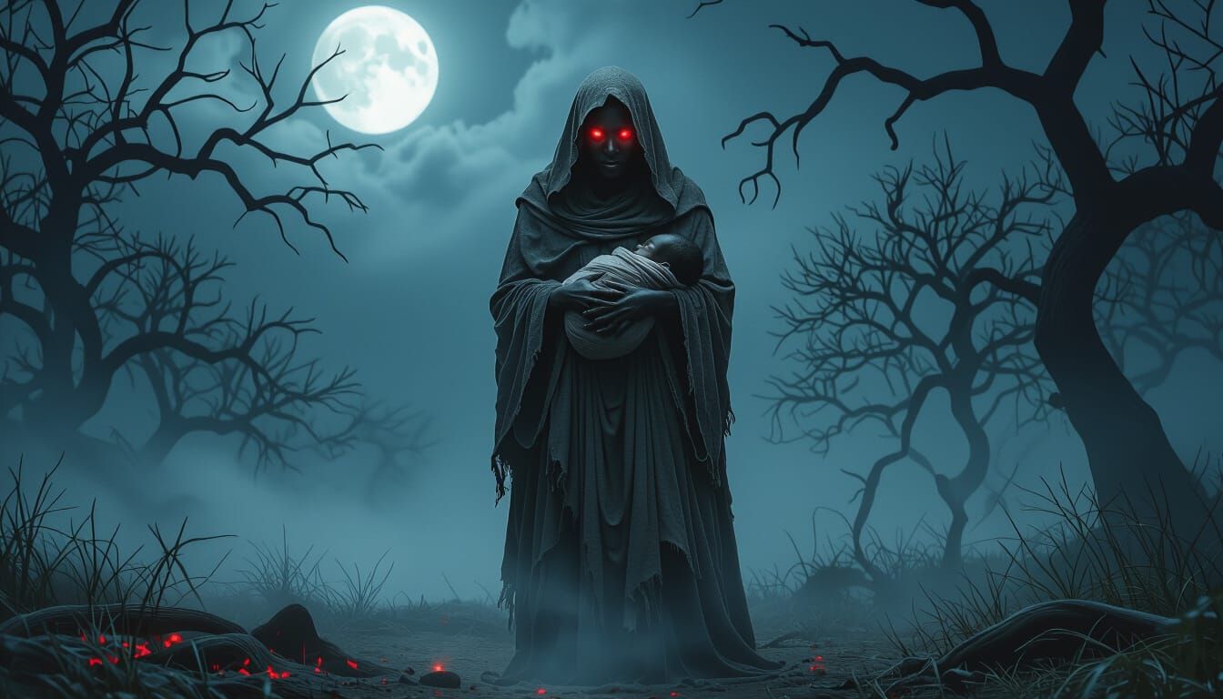 Eerie African Witch with Baby in Dark Forest