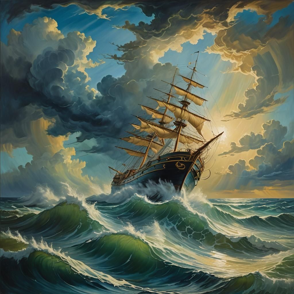 Surreal Ship Navigates Stormy Sea in Oil Painting Style