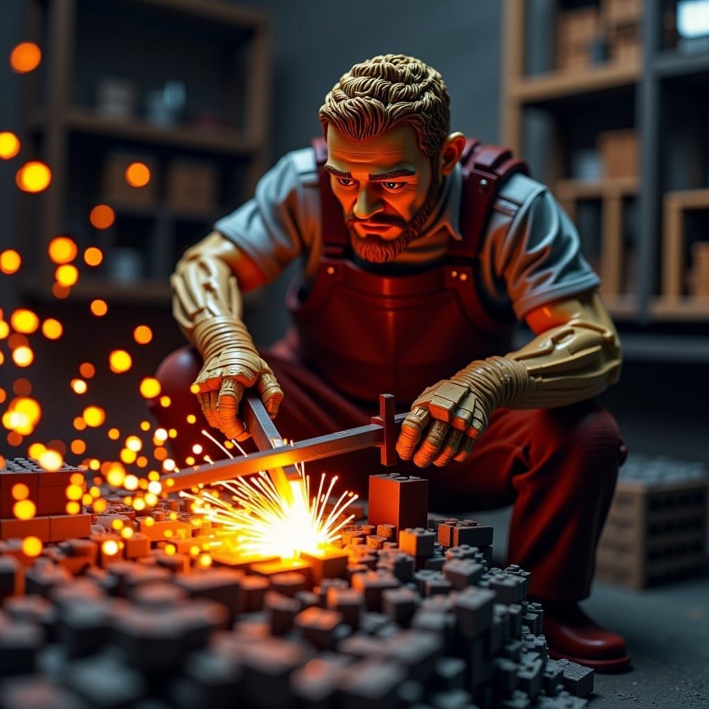 Blacksmith Forging Sword with Flying Sparks and Brickwork