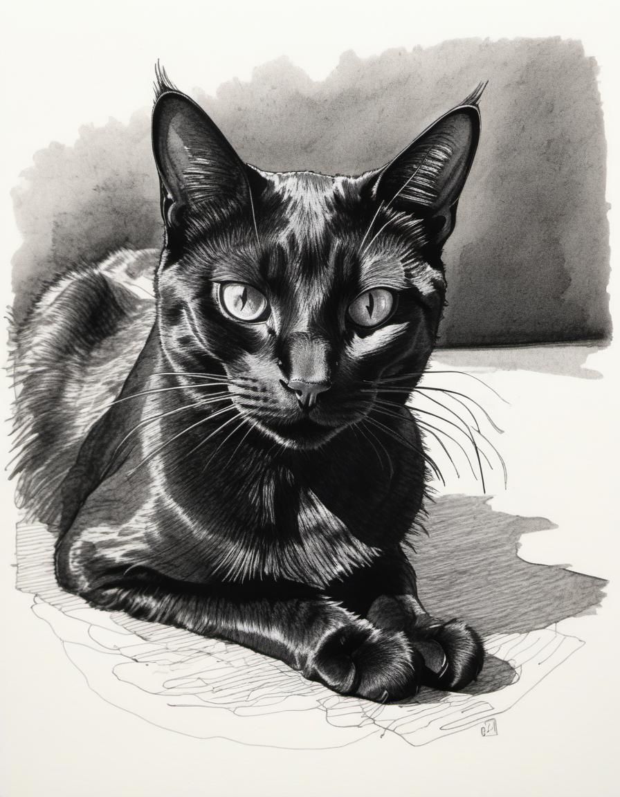 Pen and ink drawing of a black cat