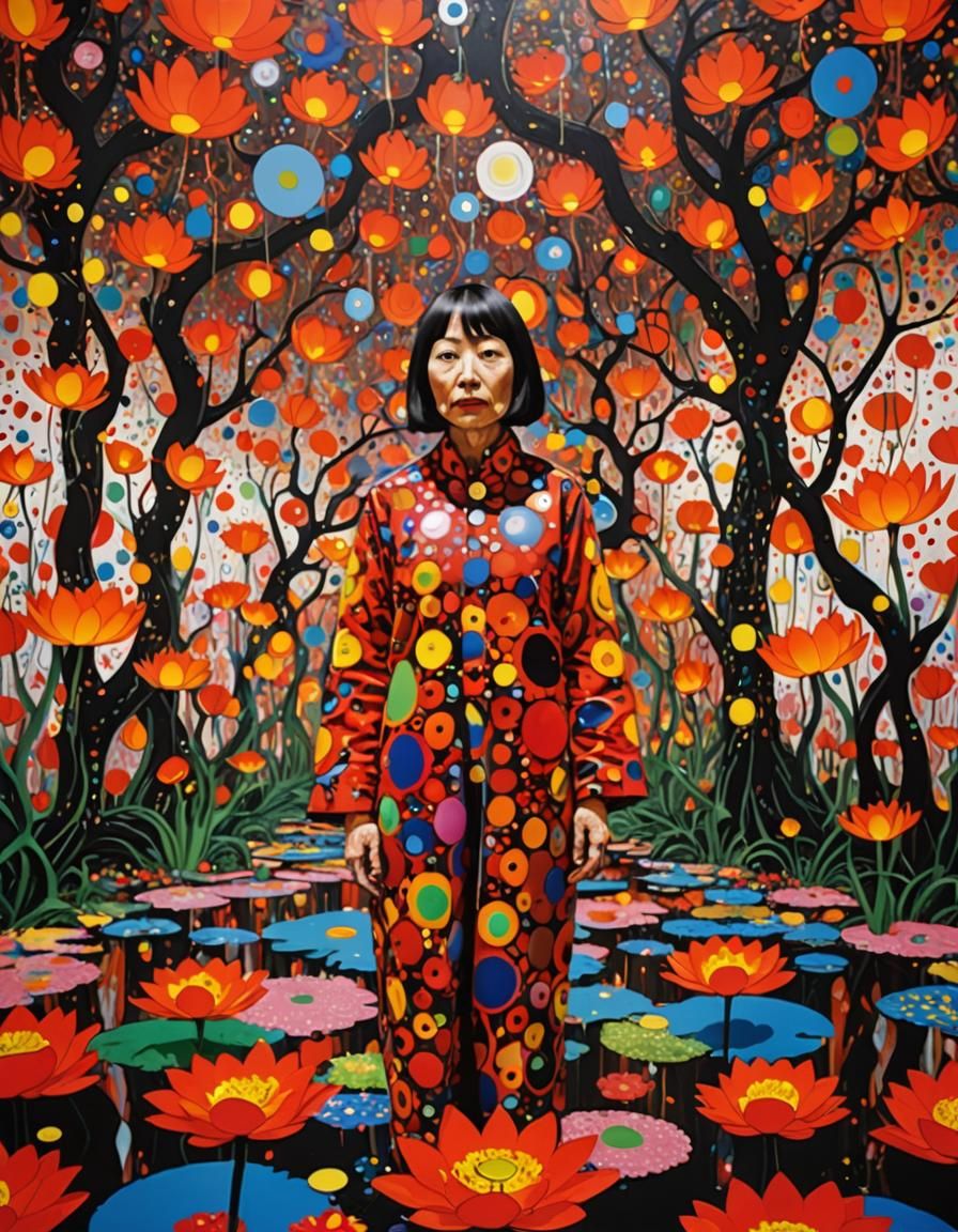 Woman, Lotus, Portal, and Volcano in Pop Art Style