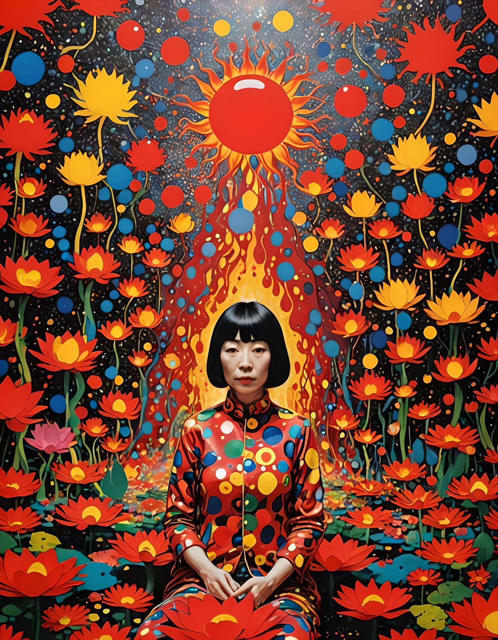 Woman in Lotus Position Before Fiery Volcano Portal