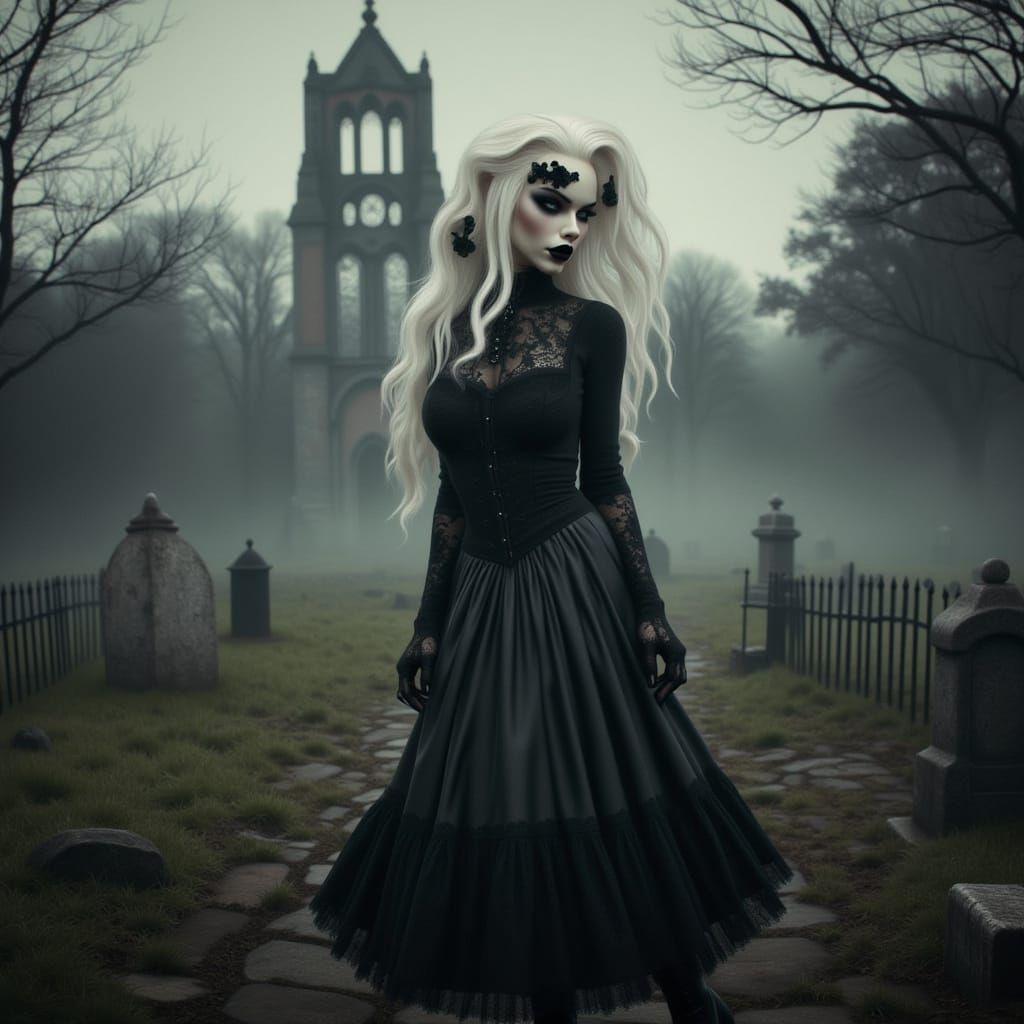 Sad Gothic Girl in Graveyard, Moody Digital Art