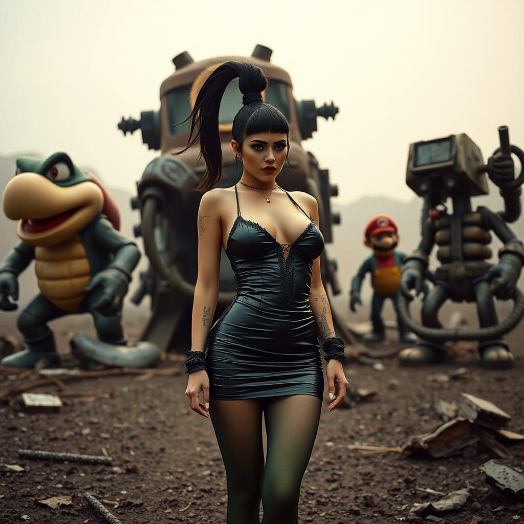 Cyberpunk Goddess Amidst Post-Apocalyptic Machine