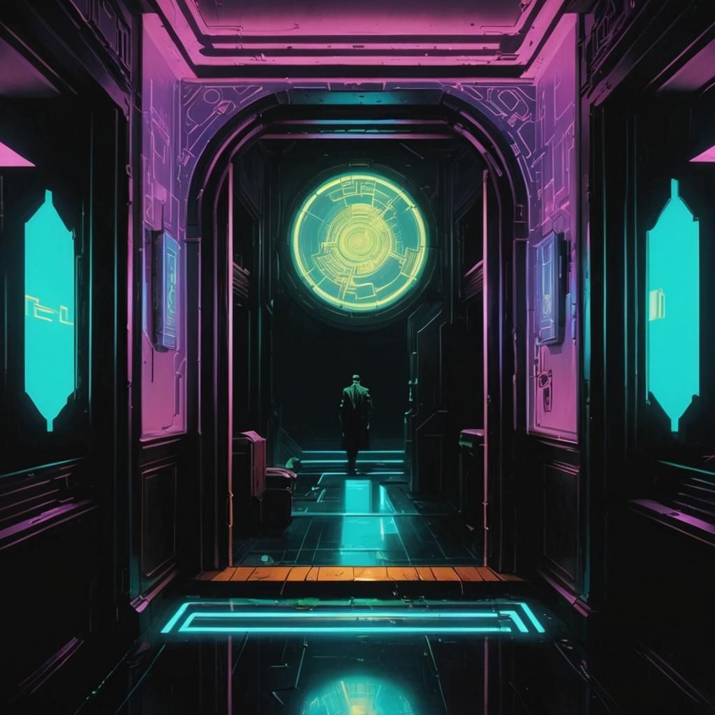 Cyberpunk Detective in Cluttered Apartment, Syd Mead Inspire...