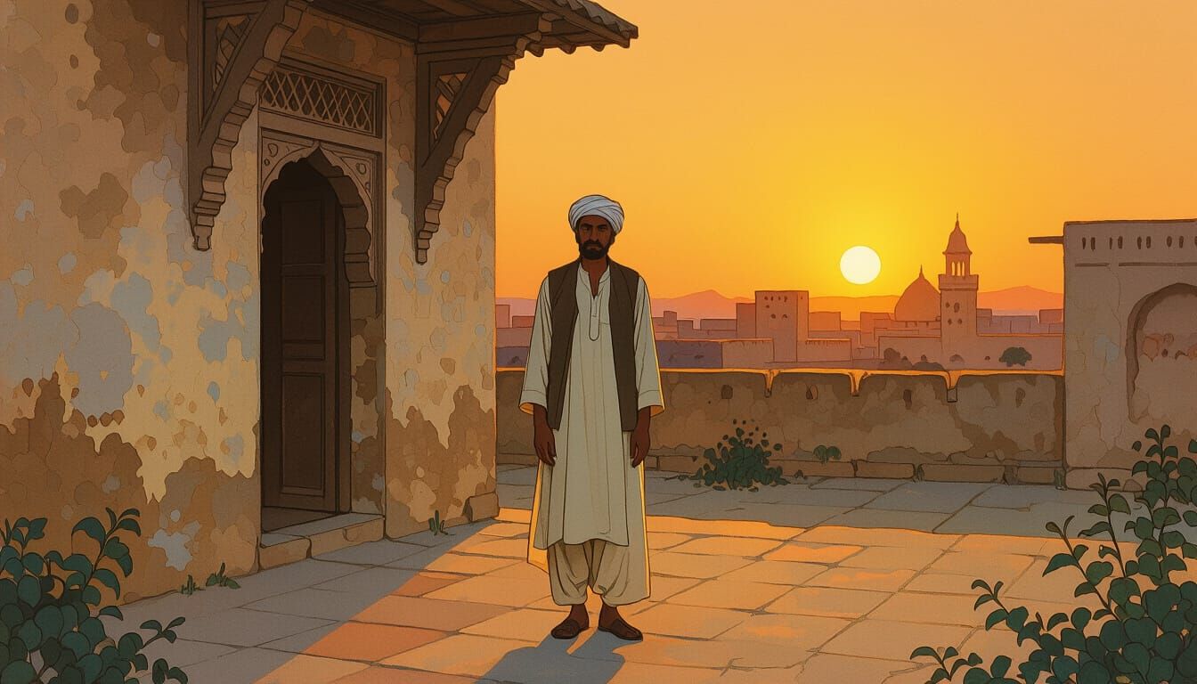 Man Reflects in Courtyard at Sunset, Romantic Earthy Style