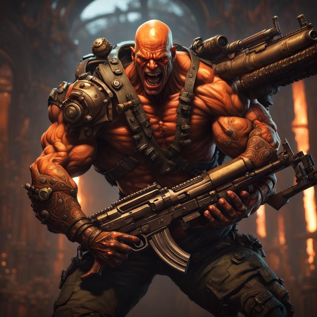 Muscular Orange Humanoid with Gun in Dark Fantasy Art
