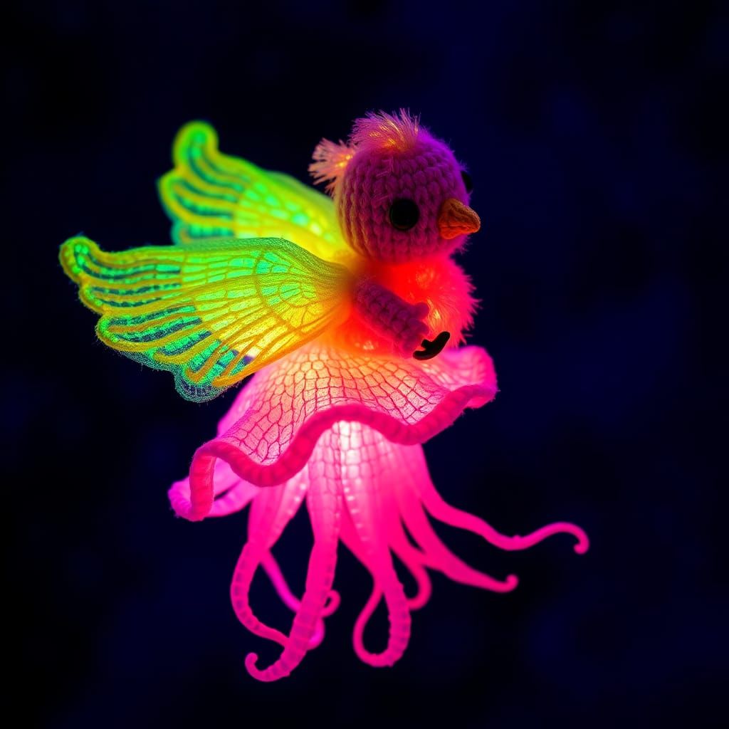 Fluorescent Crochet Bird Riding Jellyfish, Amigurumi Style