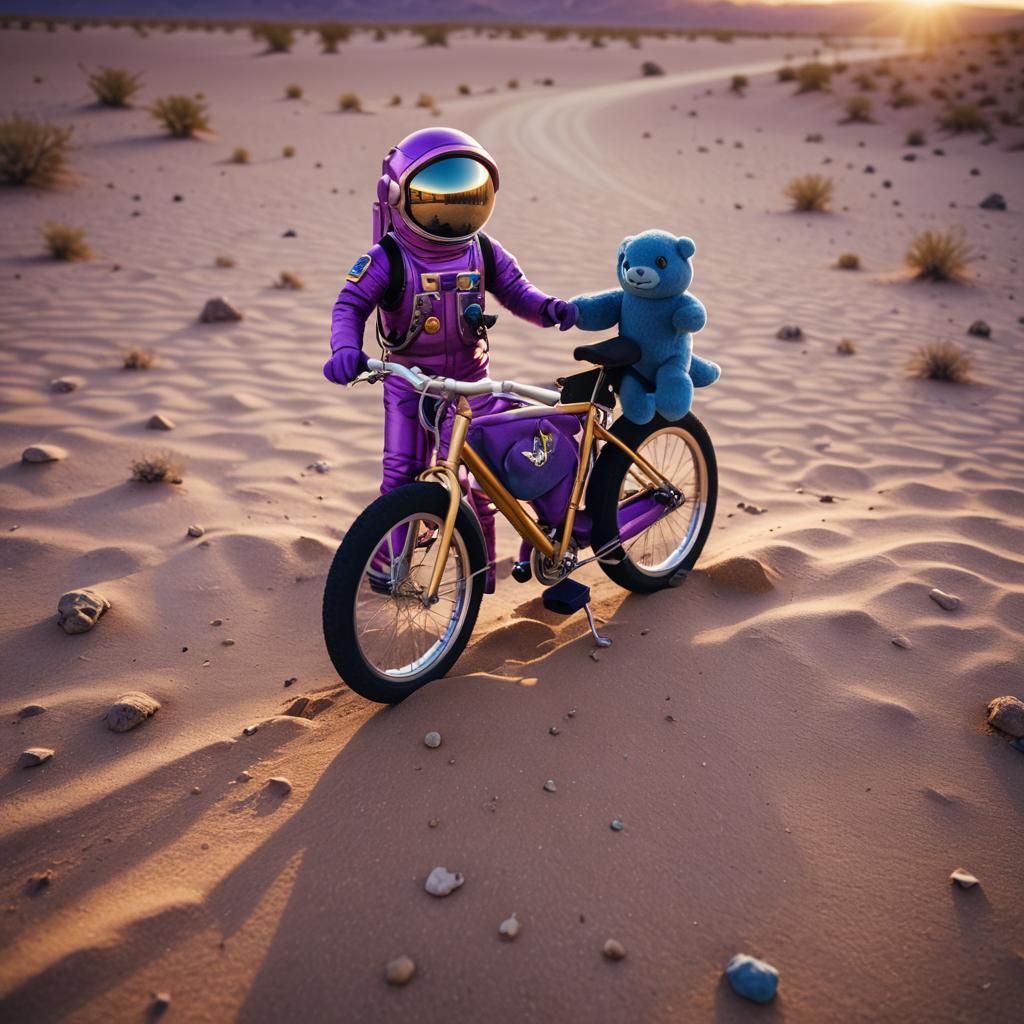 Plush Astronaut and Bicycle in Desert Film Still