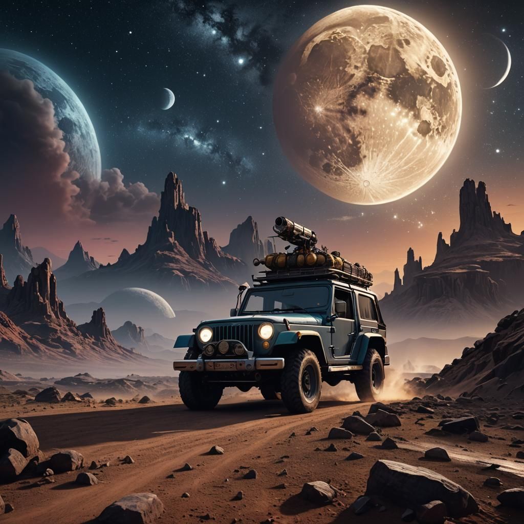 Night Trip: Car under Moon in Fantasy Art